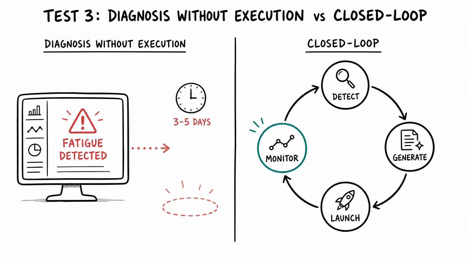Diagnosis without execution leaves a 3-5 day gap; a closed loop connects detect, generate, launch, and monitor continuously