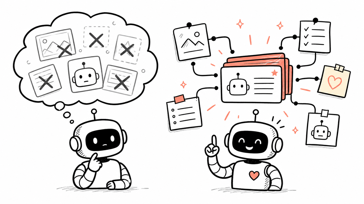 Stateful vs. stateless agents: one forgets every campaign (left), the other carries a connected memory of past interactions (right)