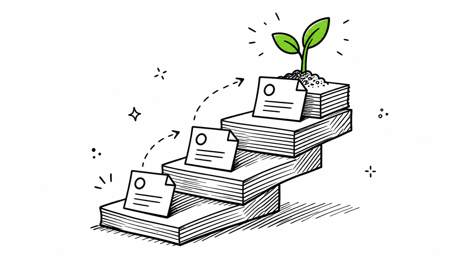 Compounding memory: insights stack like steps, each cycle's learnings build on the last — until something genuinely grows