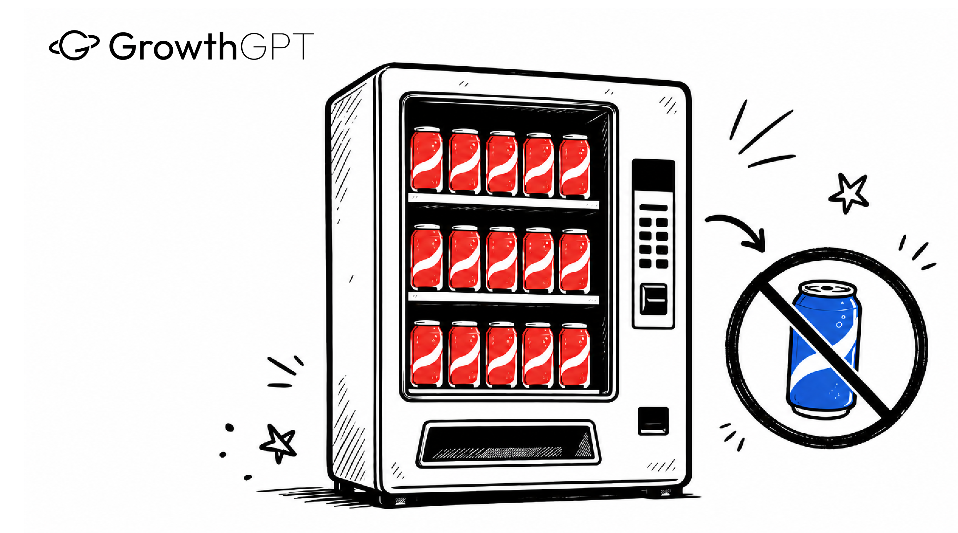 Hand-drawn: a vending machine full of red cola refusing to recommend the blue can — a platform won't point you elsewhere