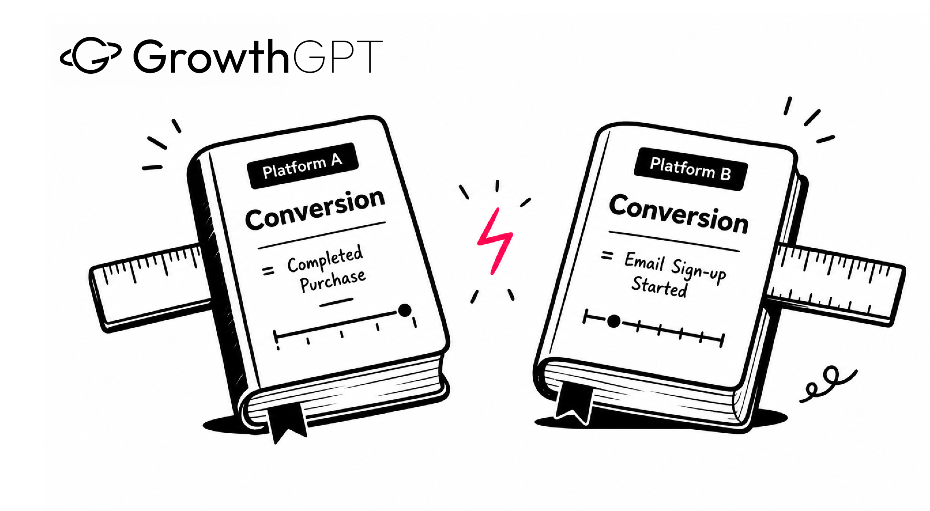 Hand-drawn: two dictionaries defining "conversion" differently — Platform A as a completed purchase, Platform B as an email sign-up
