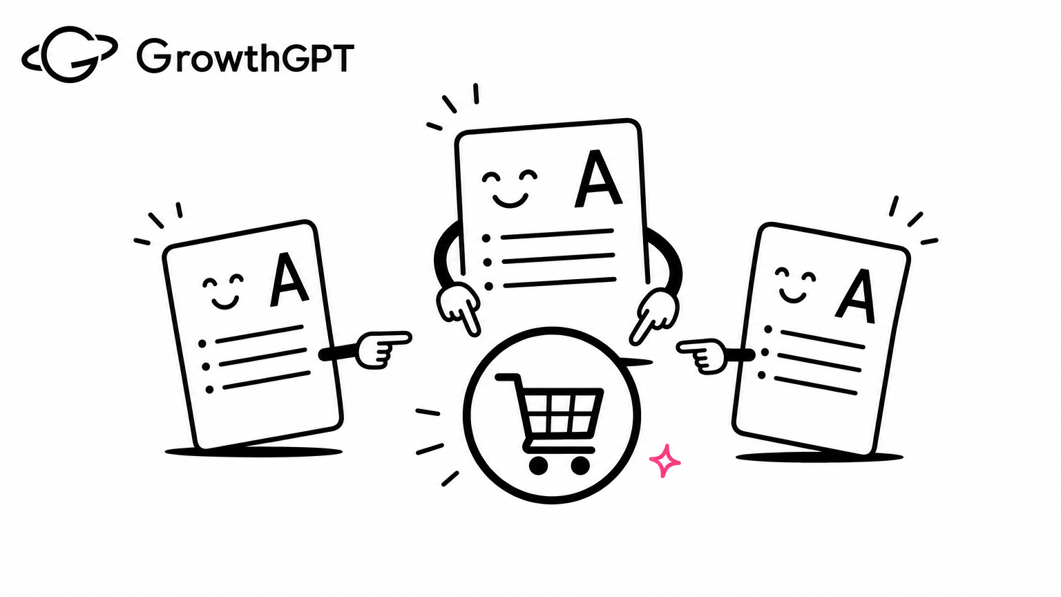 Hand-drawn: three report cards each giving itself an A for the same shopping-cart conversion