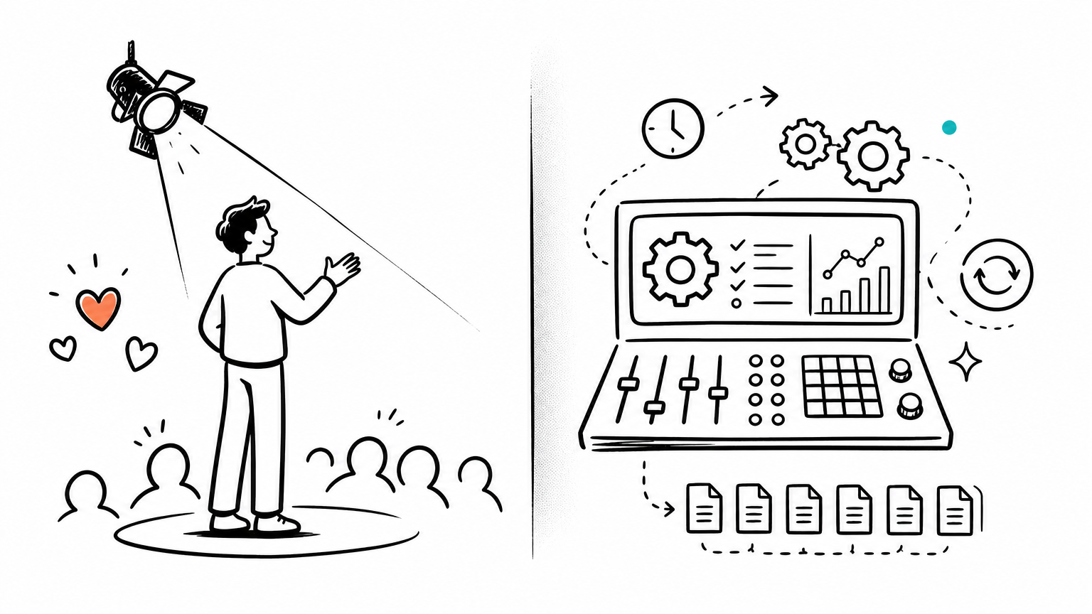 Hand-drawn: Authenticity on the left (a person on stage under a spotlight, hearts, an audience) vs Consistency on the right (an AI control console with gears, a clock, a refresh loop, and batches of documents)