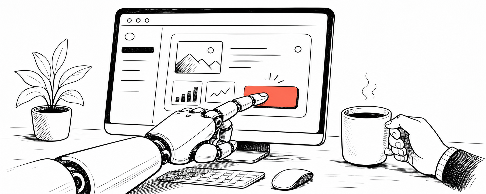 Hand-drawn: a robot hand presses the publish button while the human watches with a coffee — AI went from advisor to operator