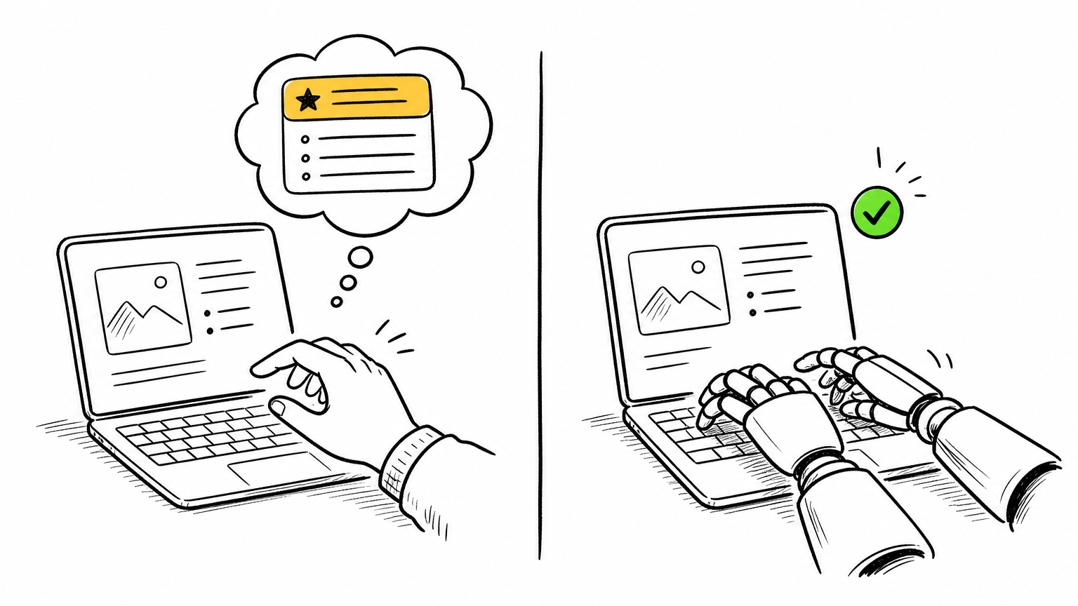 Hand-drawn: assistant vs agent — on the left a human ponders a recommendation card and acts by hand; on the right robot hands execute on the keyboard with a green check