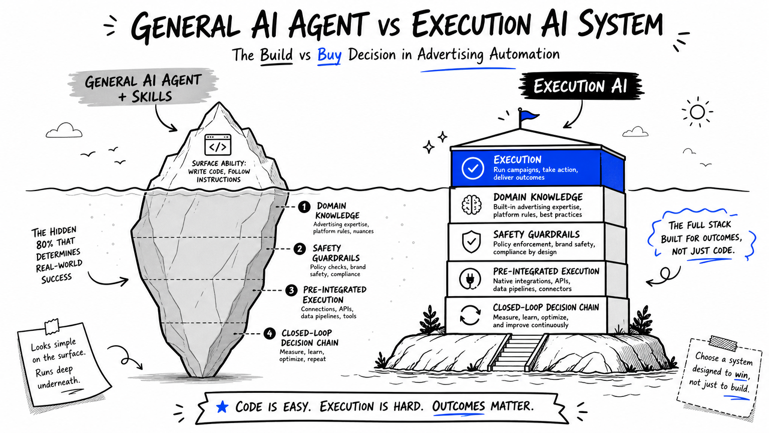 Build vs buy across four dimensions: domain knowledge / guardrails / execution layer / closed loop