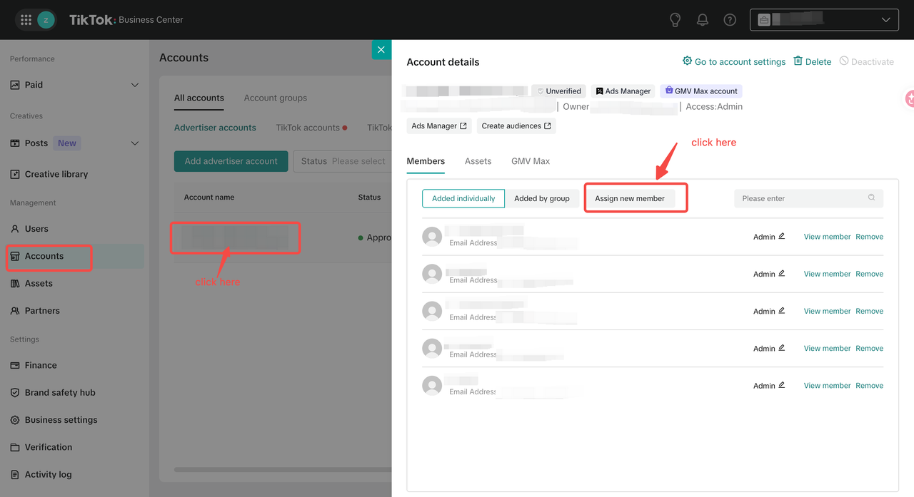 Assign new member on the target ad account under Accounts