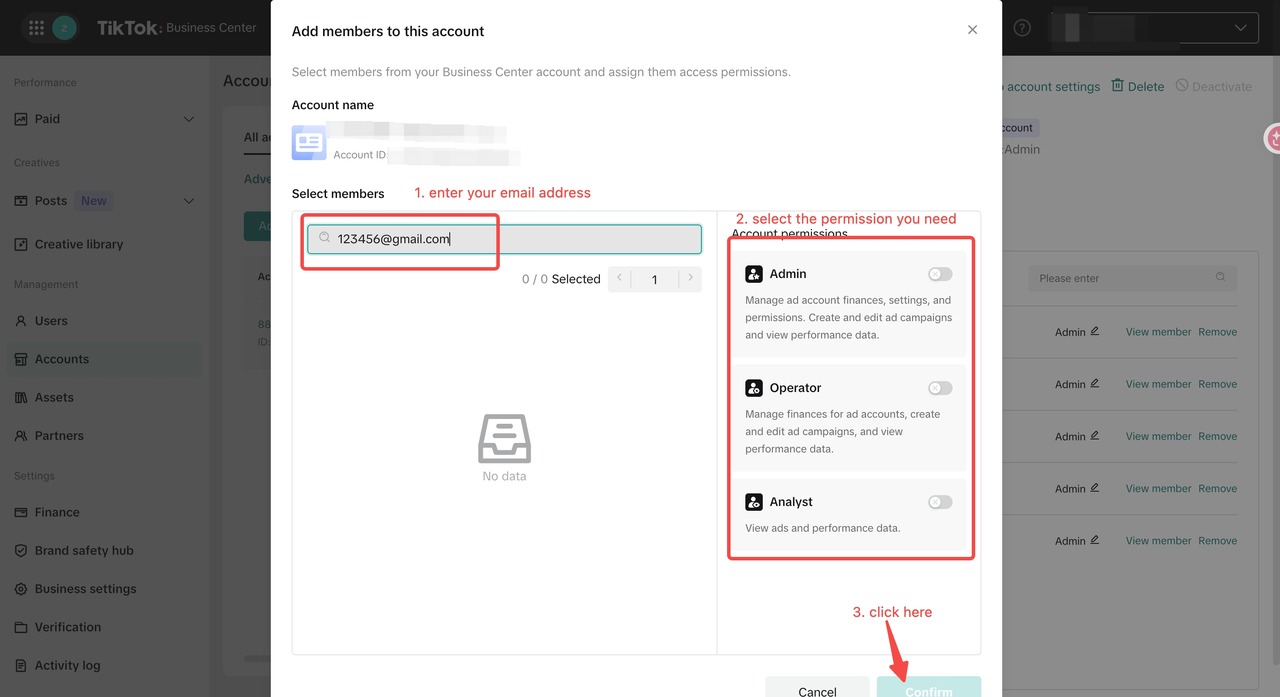 Enter email, pick permission, Confirm