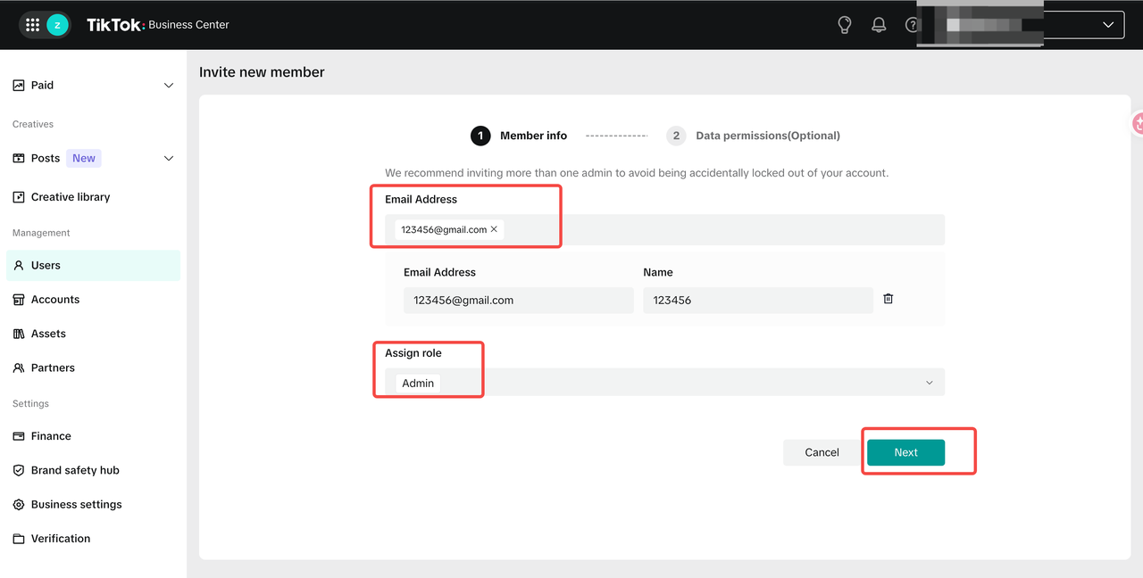 Fill in Member info and Assign role