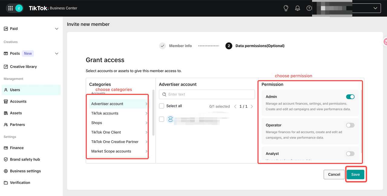 Grant access: pick category, account, permission