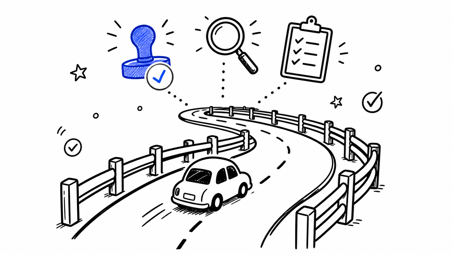 Hand-drawn: trust guardrails — a car driving between road guardrails, with an approval stamp, a magnifying glass (transparency), and an audit checklist above
