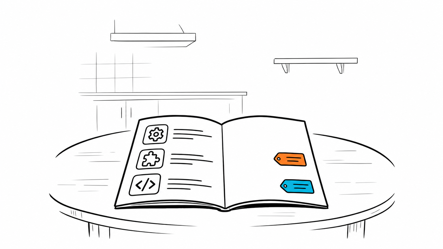 An open menu covered in plugin icons with an empty kitchen behind it — a Skill is the menu, not the kitchen