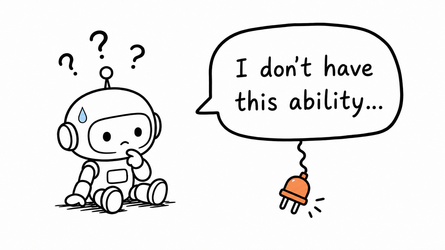 A small robot puzzled by a chat reply "I don't have this ability…", a disconnected plug floating beside it