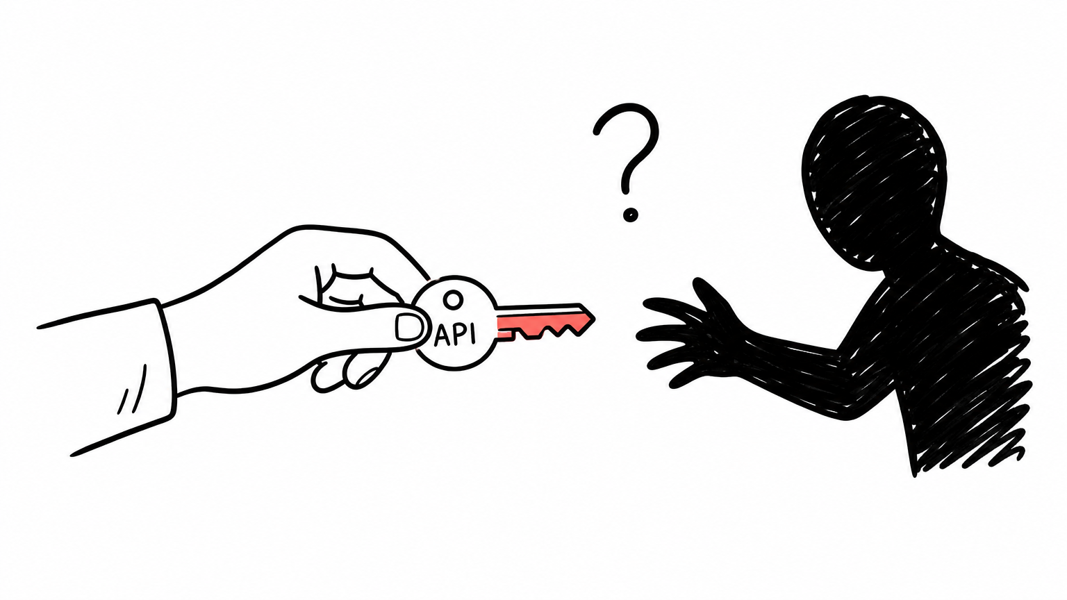 A hand passing a key labeled API toward a blurred shadowy figure — do you know who's on the other side?