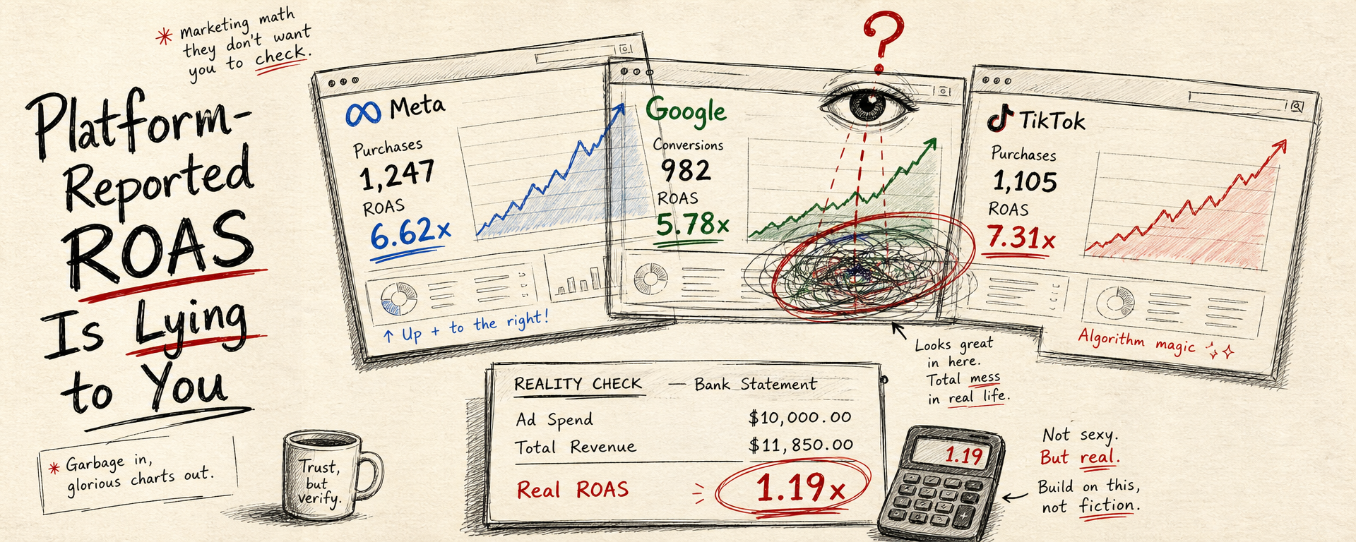 Hand-drawn: Platform-reported ROAS is lying to you — Meta, Google, and TikTok each claim a glorious ROAS while the bank-statement reality check shows the real ROAS at 1.19x