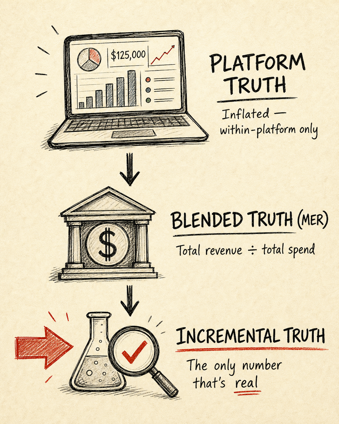 The Three Layers of Marketing Truth — Platform Truth, Blended Truth (MER), and Incremental Truth