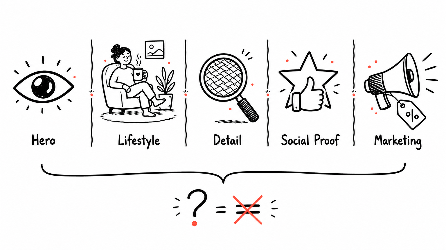Five product photo roles: Hero, Lifestyle, Detail, Social Proof, Marketing — one score can't fairly evaluate all of them