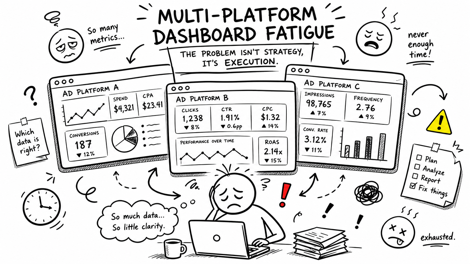 Three overlapping ad dashboards and a tired buyer — the bottleneck is execution, not strategy