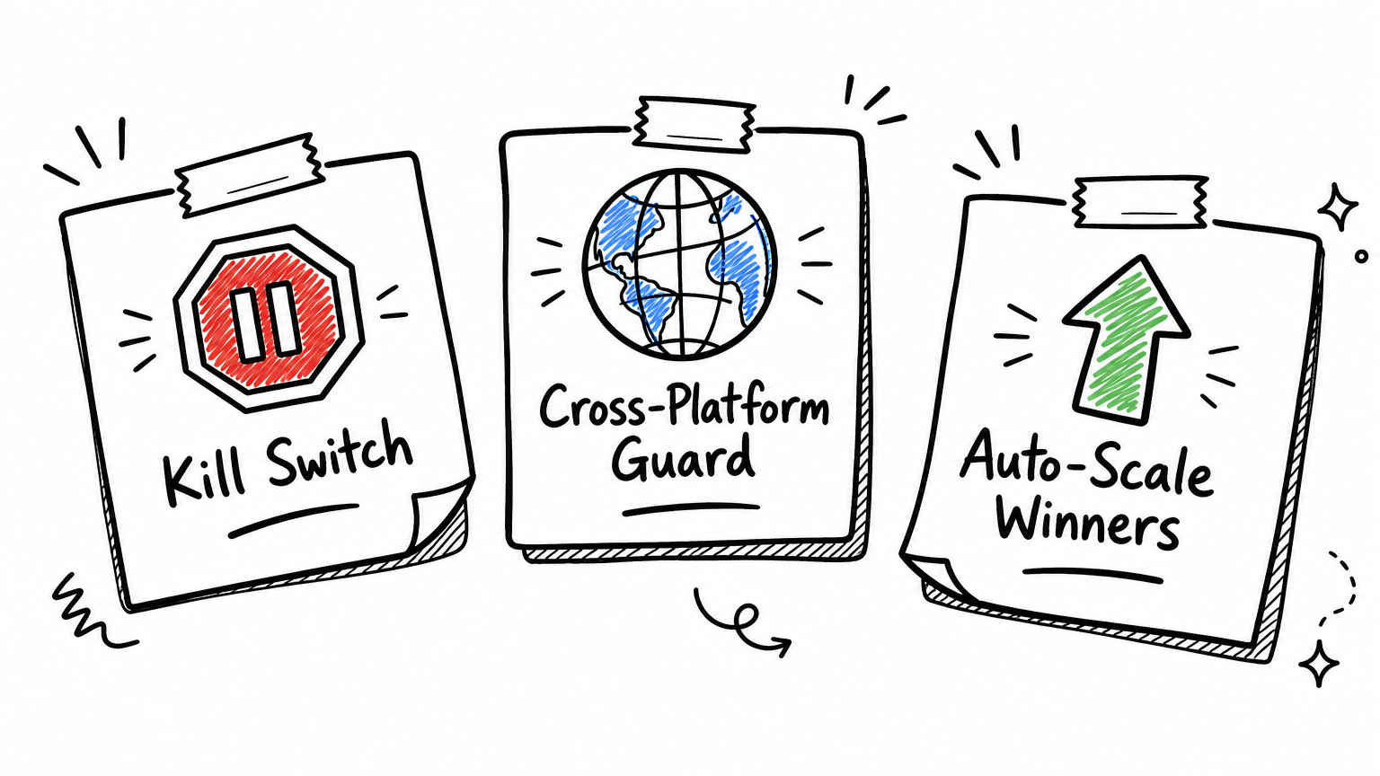 Three rule cards: kill switch, cross-platform guard, auto-scale winners