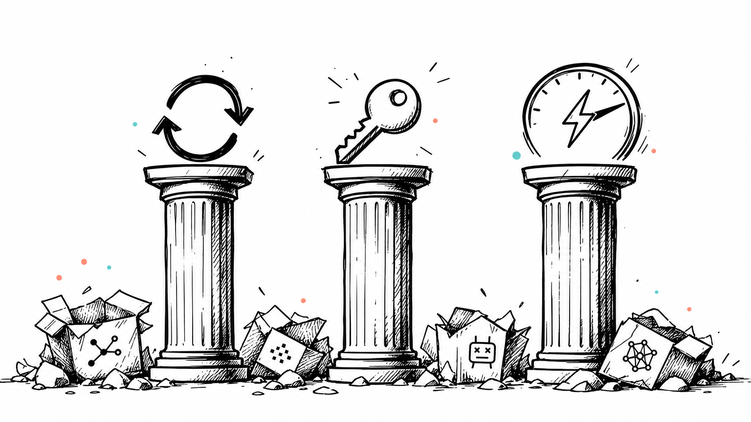 Three structural assets that survive: proprietary data loop, sanctioned execution permissions, closed-loop speed — standing pillars while the wrappers crumble