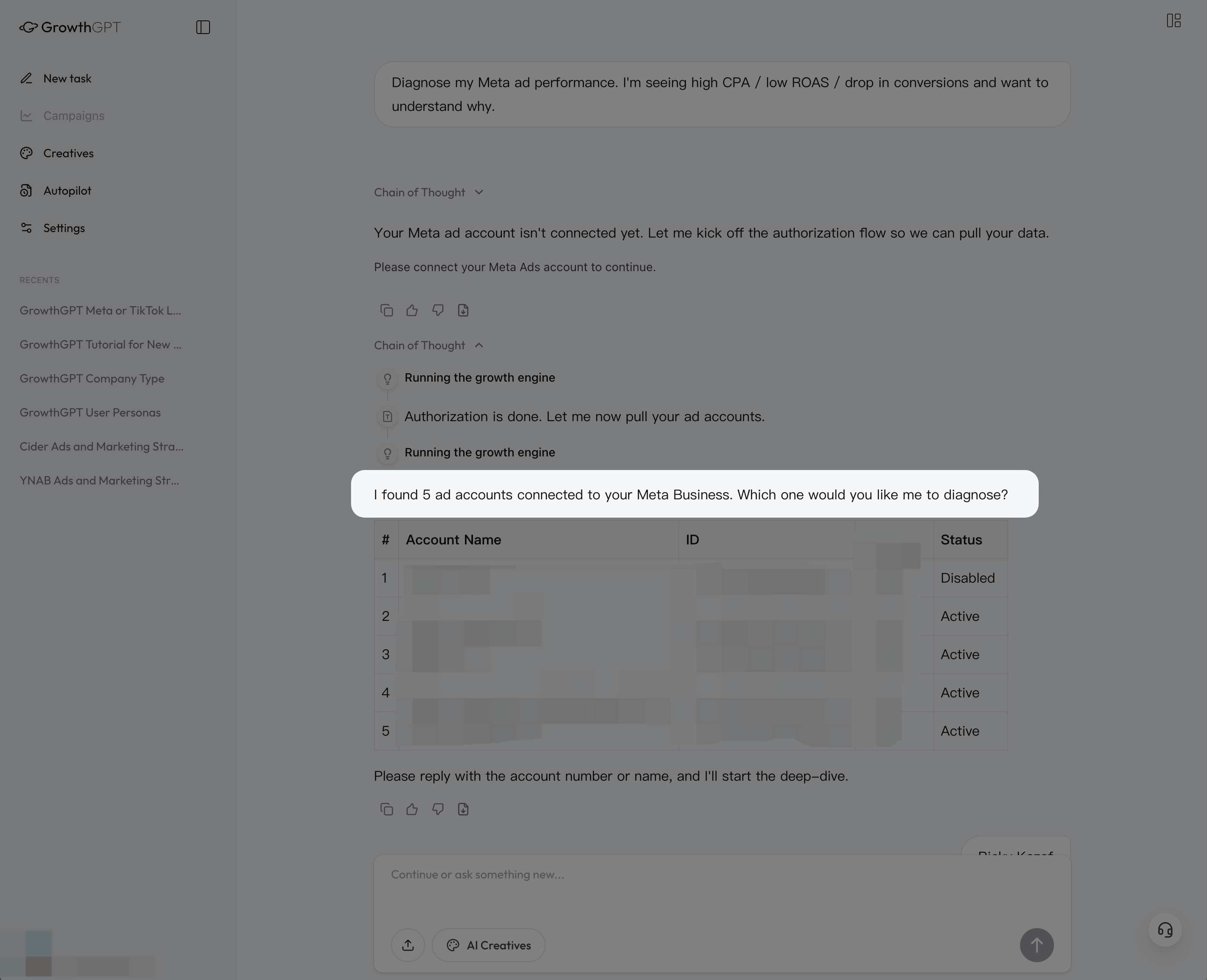 After connecting, AI proactively lists all ad accounts
