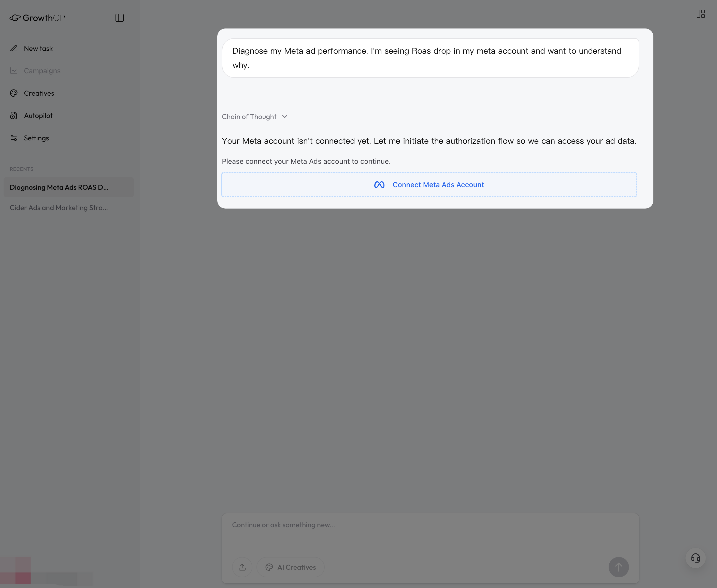 AI proactively shows a Connect Meta Ads authorization card