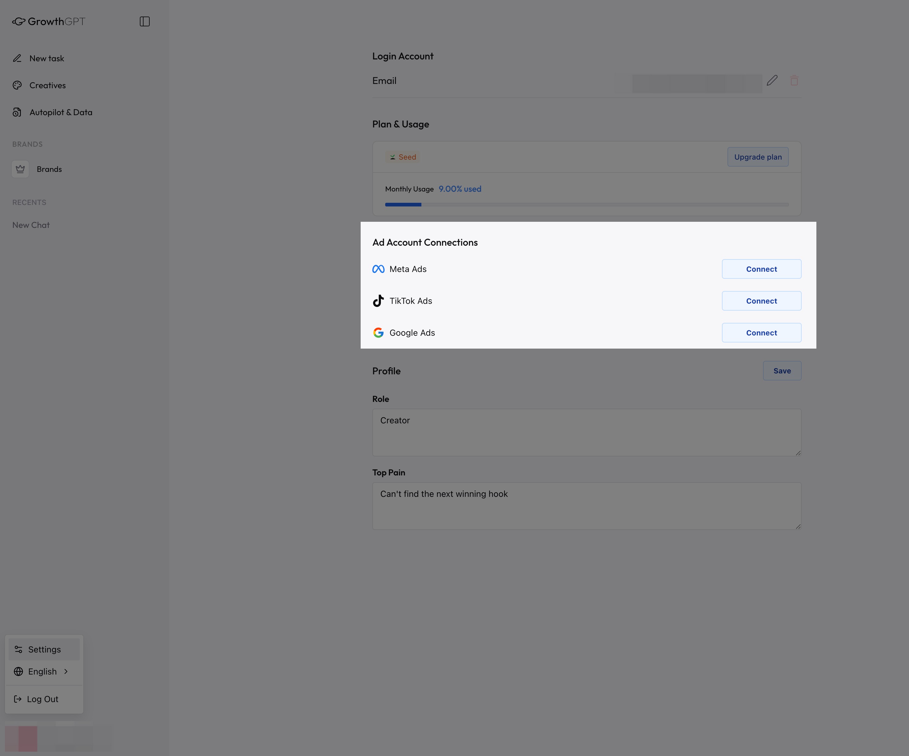 Settings page · Ad Account Connections section
