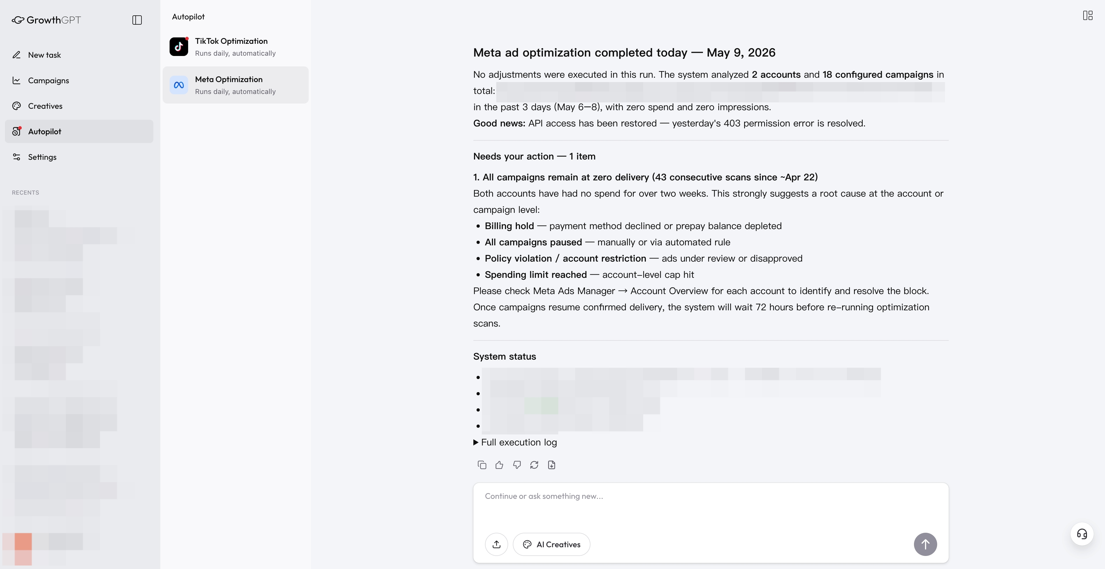 Real screenshot of an Autopilot optimization suggestion report